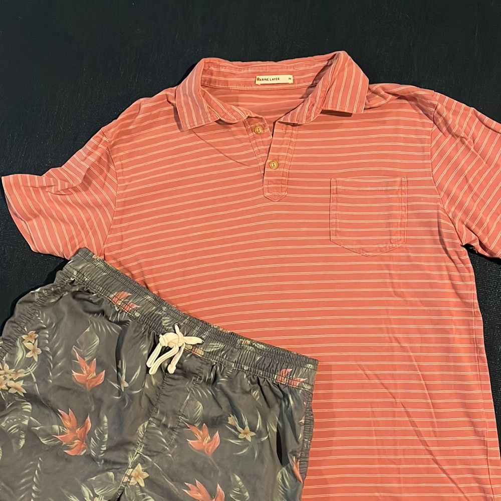 Mens Marine Layer Polo in Pink and White Stripes - Sz Medium